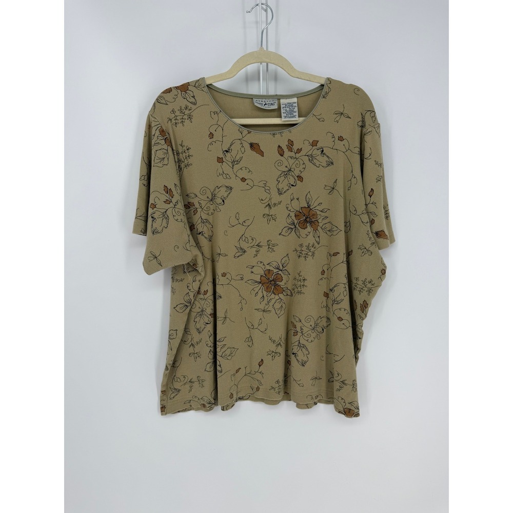 White Stag Floral TShirt Women 26W/28W Tan Green Ribbed Stretch Boho Relaxed Fit